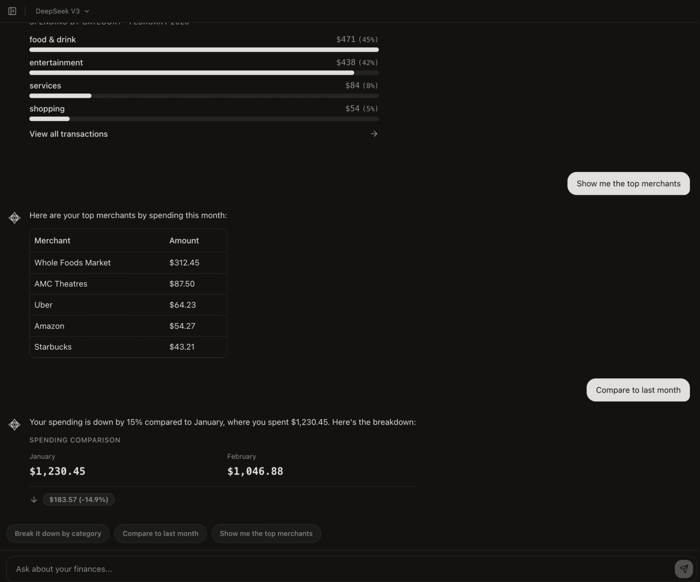 Clarity assistant showing category bars, top merchants, and month over month spending comparison