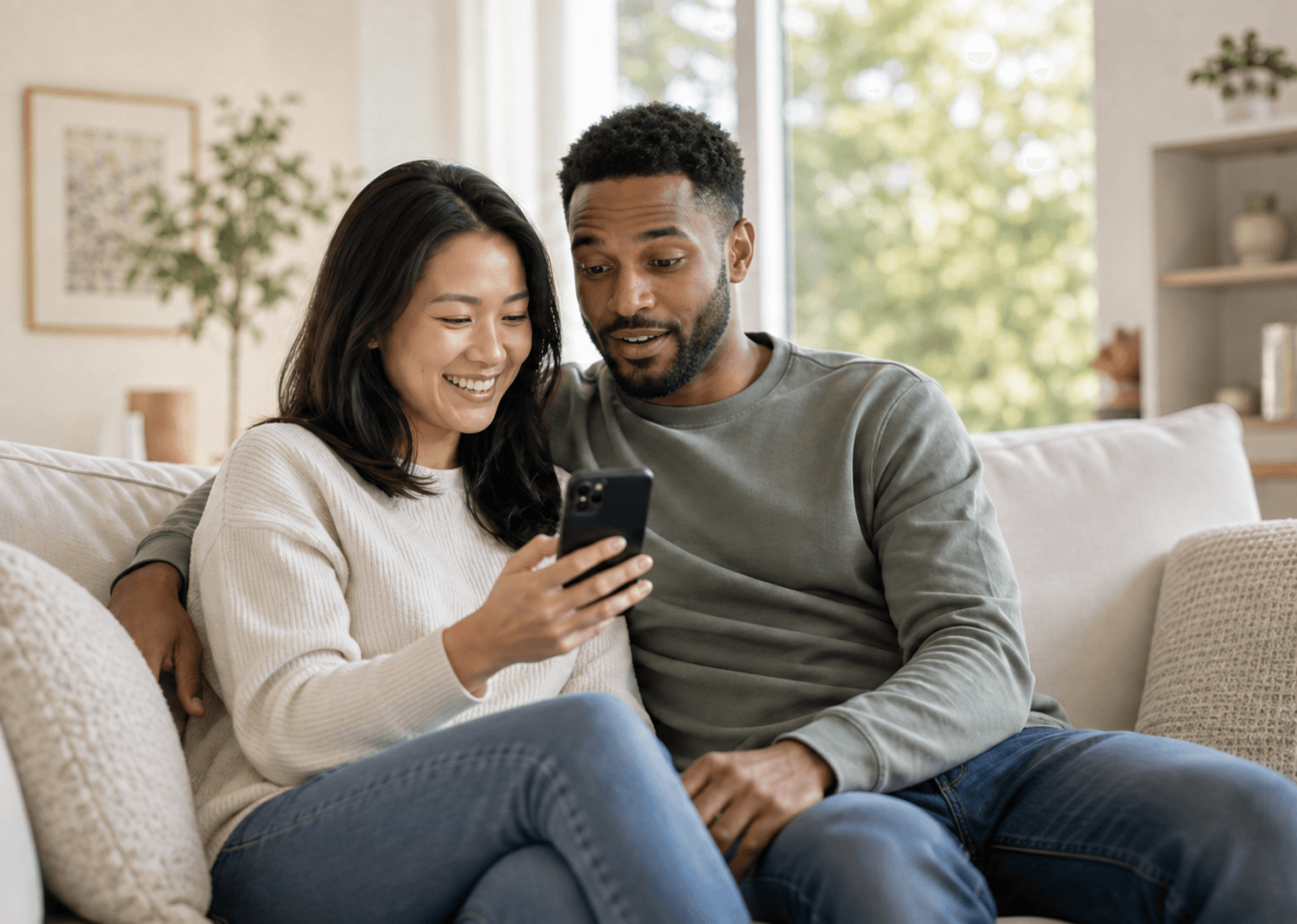 An Asian woman and Black man reviewing finances together from a couch.