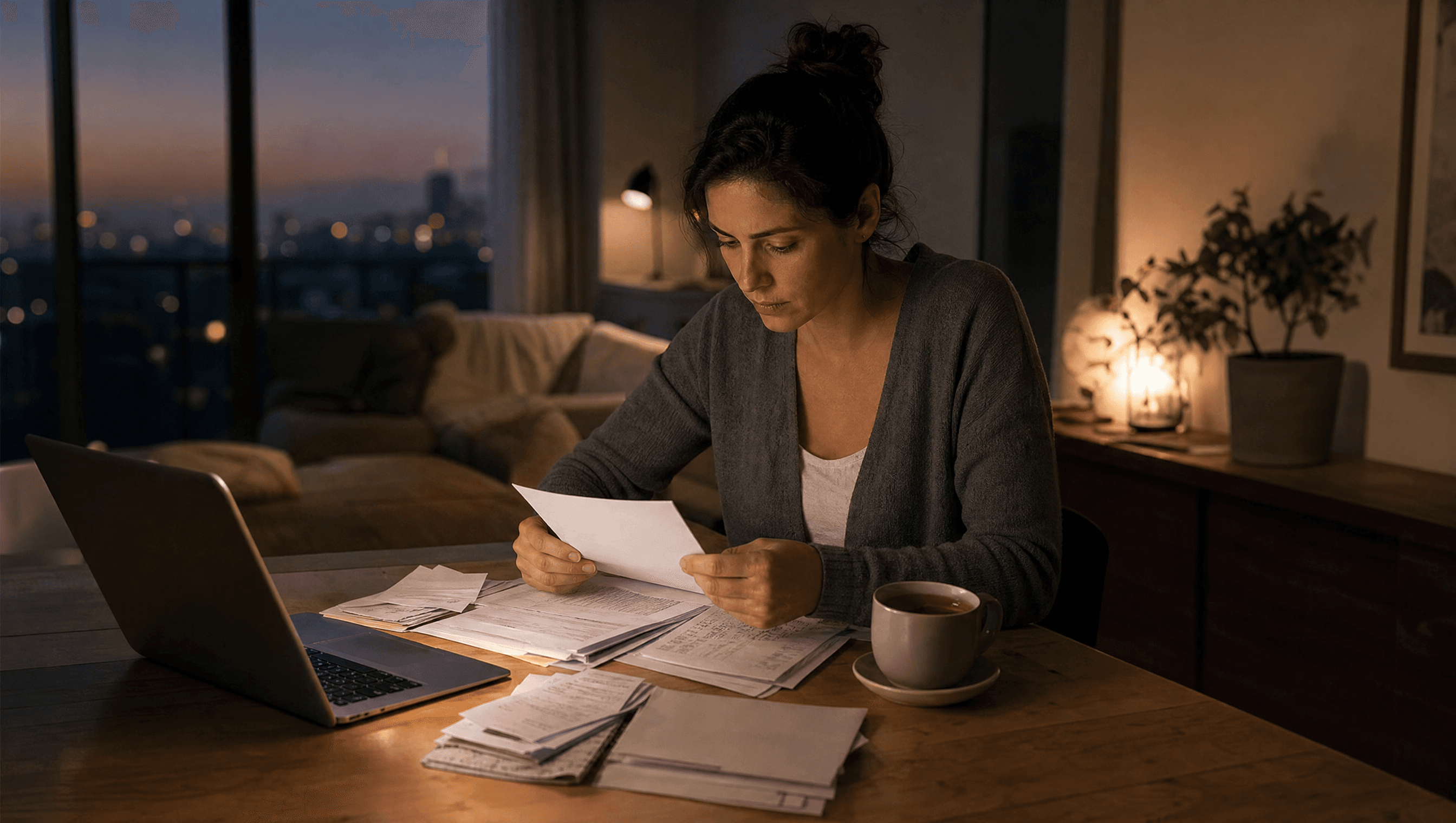 A woman reviewing financial paperwork at dusk.